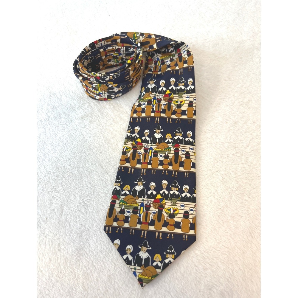 Mens Thanksgiving Feast Novelty Tie Navy Blue Pilgrim Feast Holiday Necktie